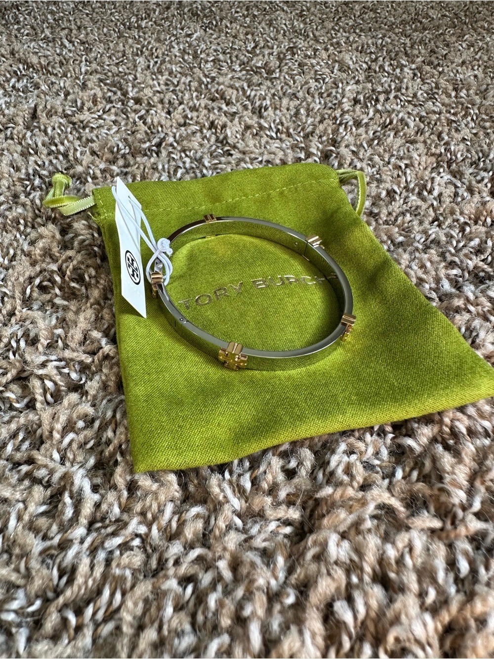 Tory Burch Two-Tone Gold and Silver Logo Hinged Bangle Bracelet